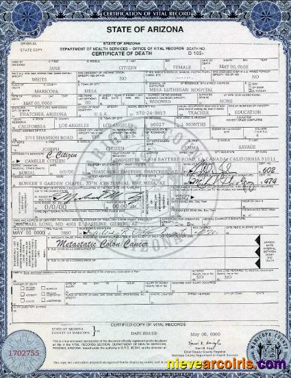 USA state Arizona death certificate, version 2
